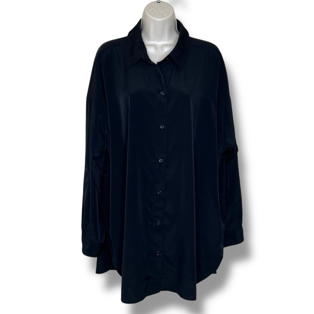 Chicos Black Button Front Long Sleeve Roll Tab Tunic Shirt Women Size XL Classic